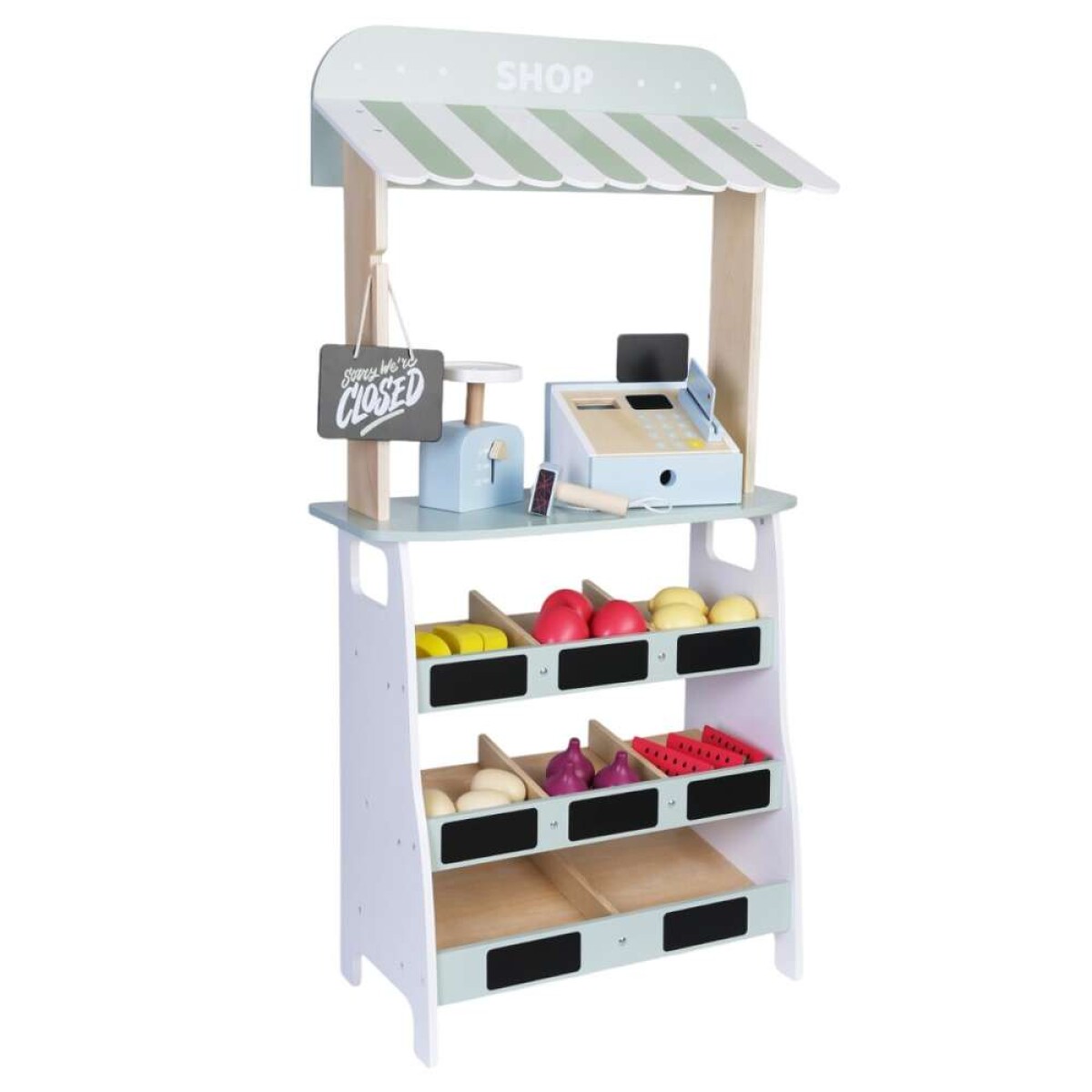 Mercado De Frutas Con Caja Registradora Y 18 Frutas - Madera 