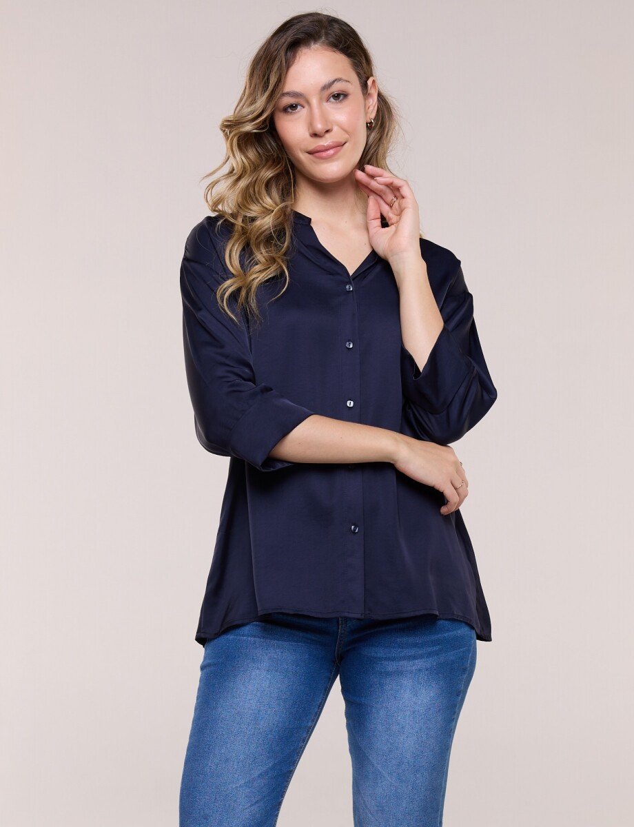 Camisa Saten Cuello Mao - Azul 