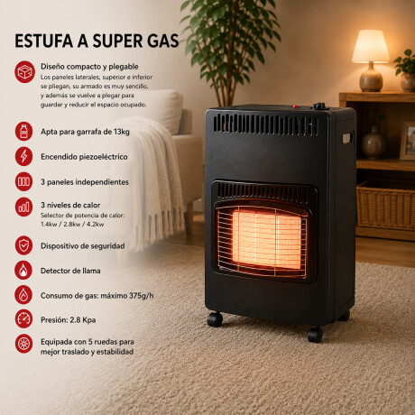 Estufa a Supergas Plegable More c/3 Paneles Válvula Manguera Negro