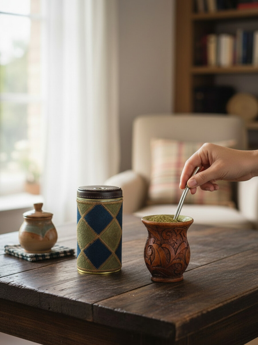 Yerbera c/ detalle pecari rombo puzzle - Azul 