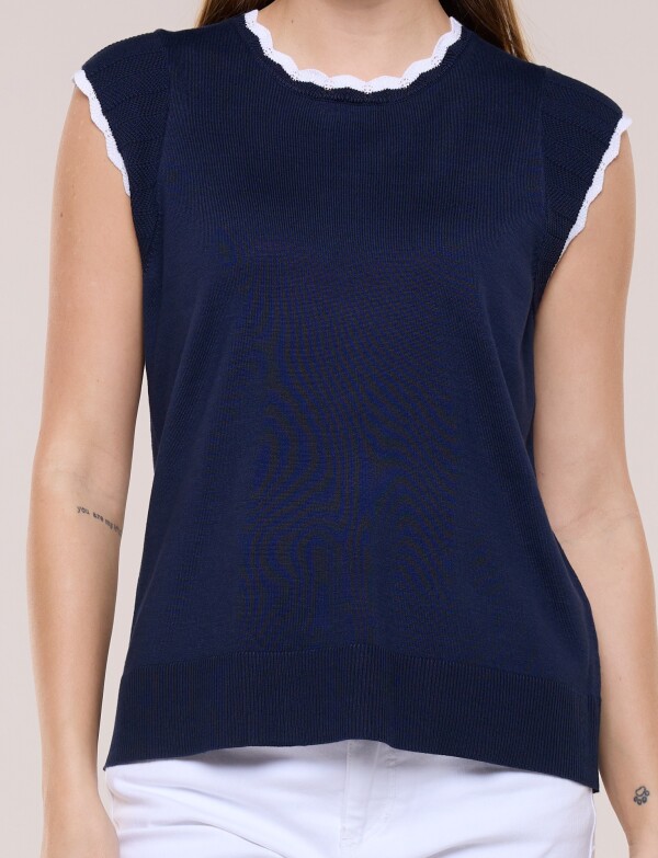 Blusa Tejida Sin Mangas Con Bordes Festoneados AZUL