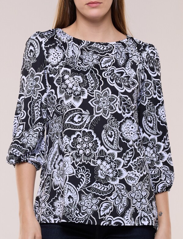 Blusa Manga Abullonada Estampado Floral Arabesco NEGRO/BLANCO