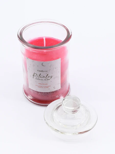 VELA FRASCO VIDRIO TAPA FRUTILLA ROJO