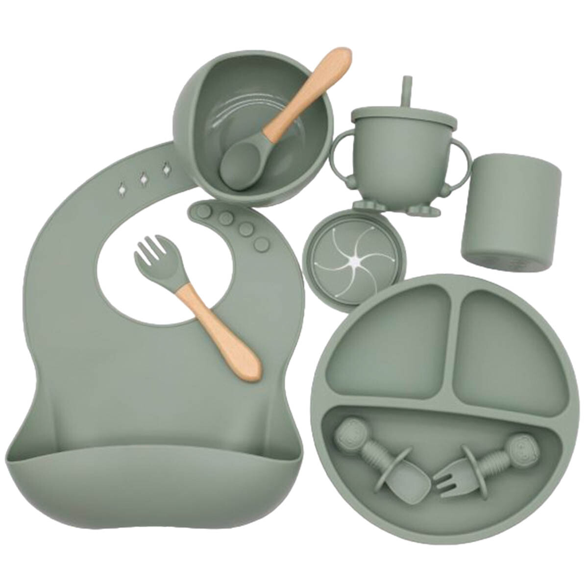 Set X10p Plato Comer Bebe Silicona+ Cubierto Vaso - Verde 