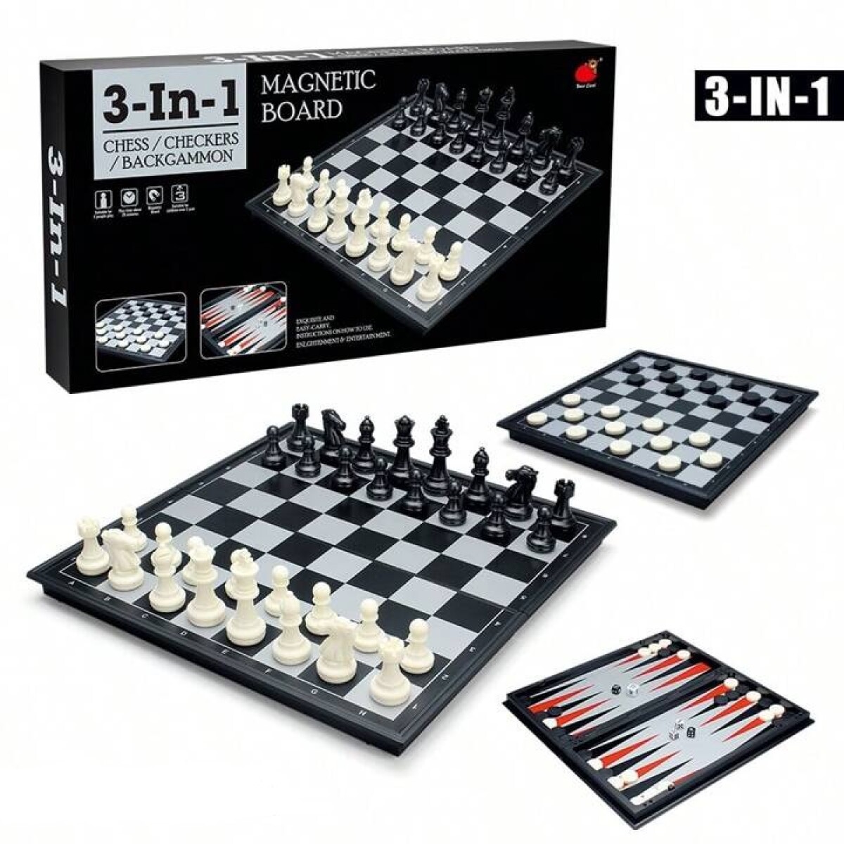 Tablero magnético 3 en 1: Damas, backgamon y ajedrez 