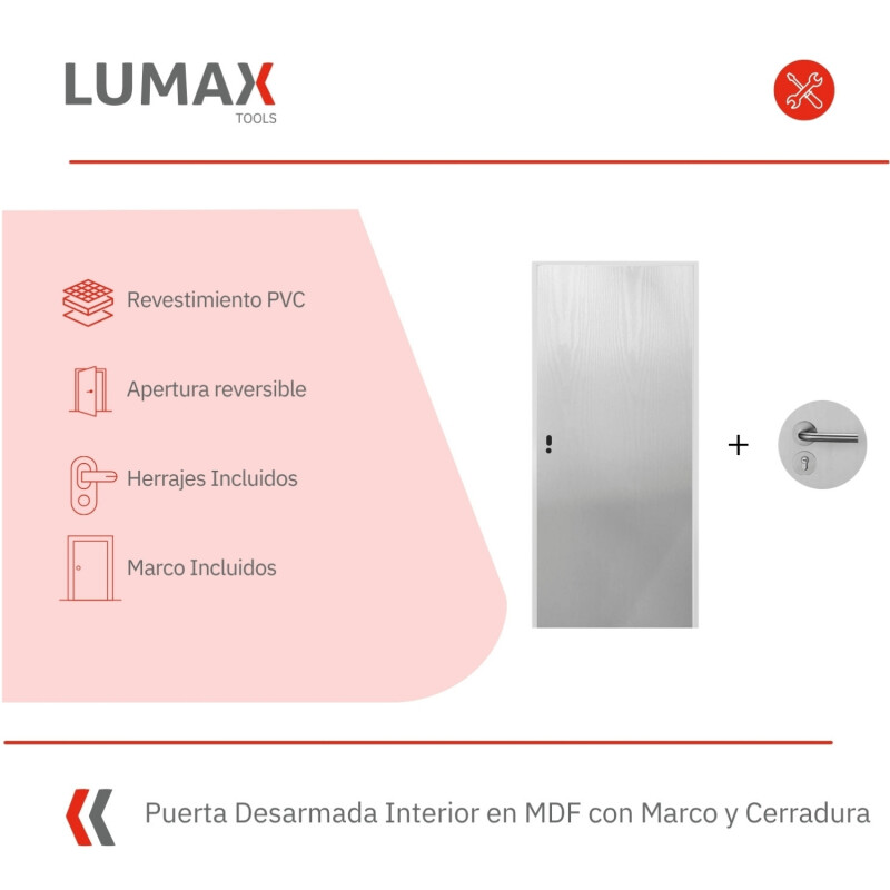Puerta Desarmada Interior en MDF con Marco y Cerradura Lumax Blanca tramada Herraje Plateado