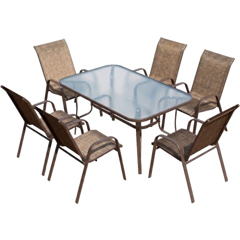 JGO MESA RECT VIDRIO P/JARDIN MARRON 7PZAS Unica