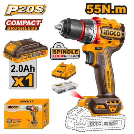 TALADRO ATORNILLADOR A BATERÍA INGCO 20V P20S BRUSHLESS 55NM 001