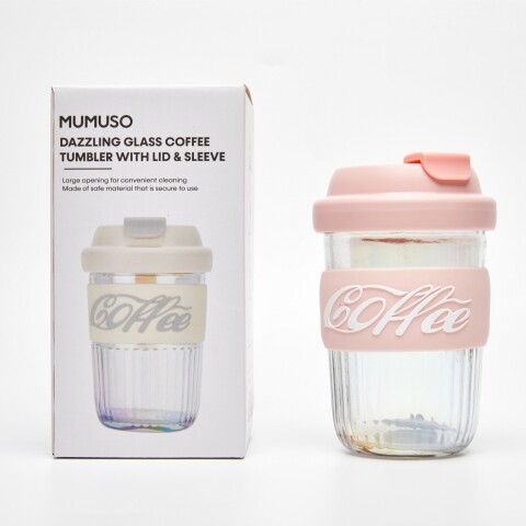 VASO DE CAFÉ DE VIDRIO DESLUMBRANTE CON TAPA Y MANGA (ROSA/400 ML) VASO DE CAFÉ DE VIDRIO DESLUMBRANTE CON TAPA Y MANGA (ROSA/400 ML)