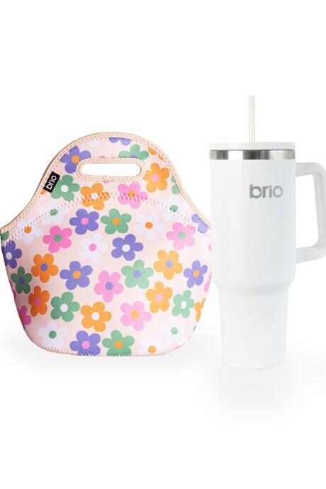 Set de lunchera de neopreno y vaso térmico Cup 360 1200ml brio set florcitas colores/blanco