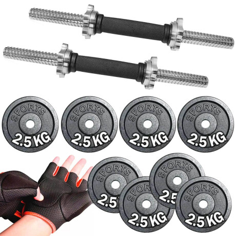 Set 2 Mancuernas Maciza Cromada + 20 Kilos + Guantes 8 Discos de 2.5Kg