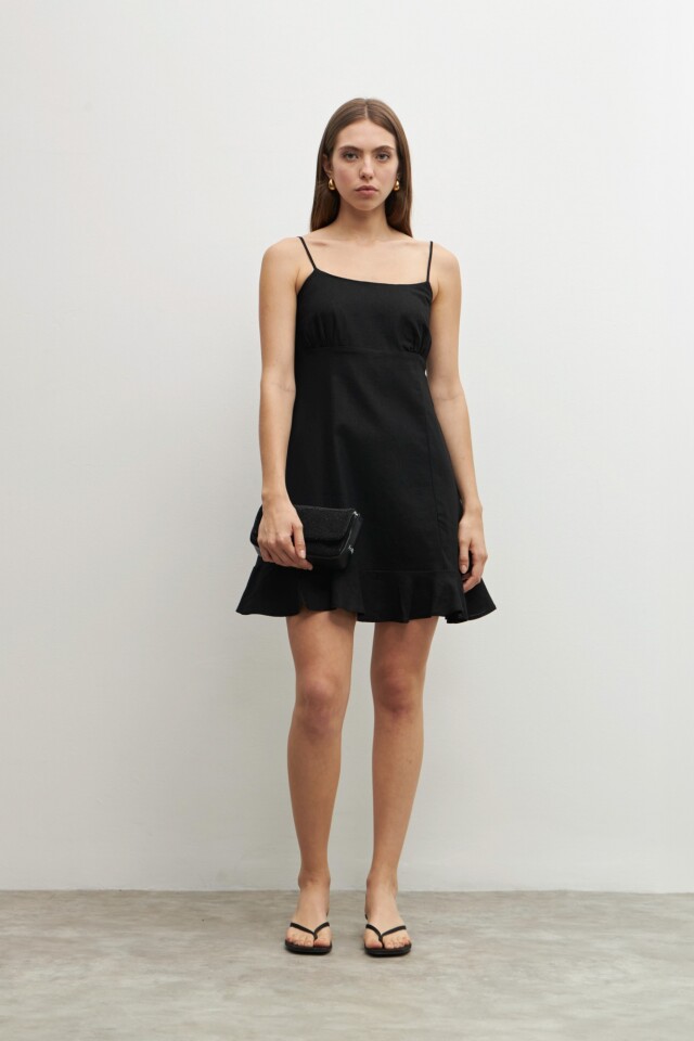 Vestido corto de lino con volado negro
