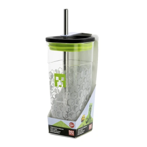 Vaso Acrílico Cuadrado Minecraft con Pajita Acero 540 ml U