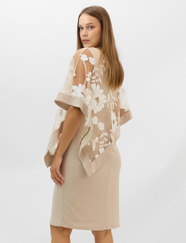 Vestido Midi Con Capa De Tul Bordado BEIGE
