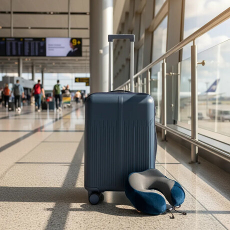 Set Valija Mediana Rígida + Almohadón Cervical Memoria Azul Azul