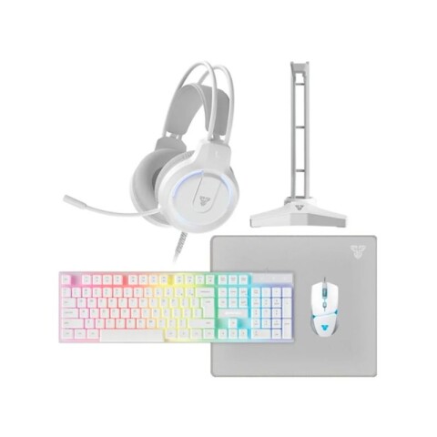 SETGAMER FANTECH TECLADO, MOUSE+PAD, AURICULARES Y SOPORTE Blanco