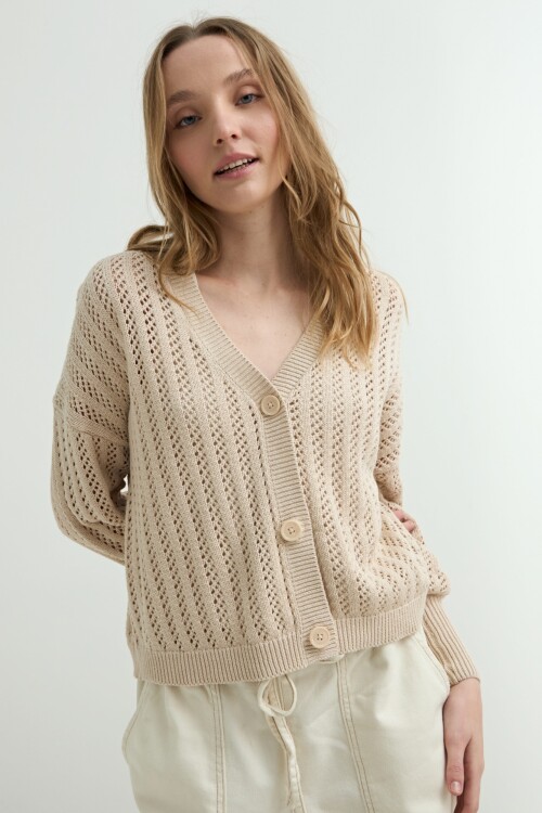 Cardigan escote V calado BEIGE