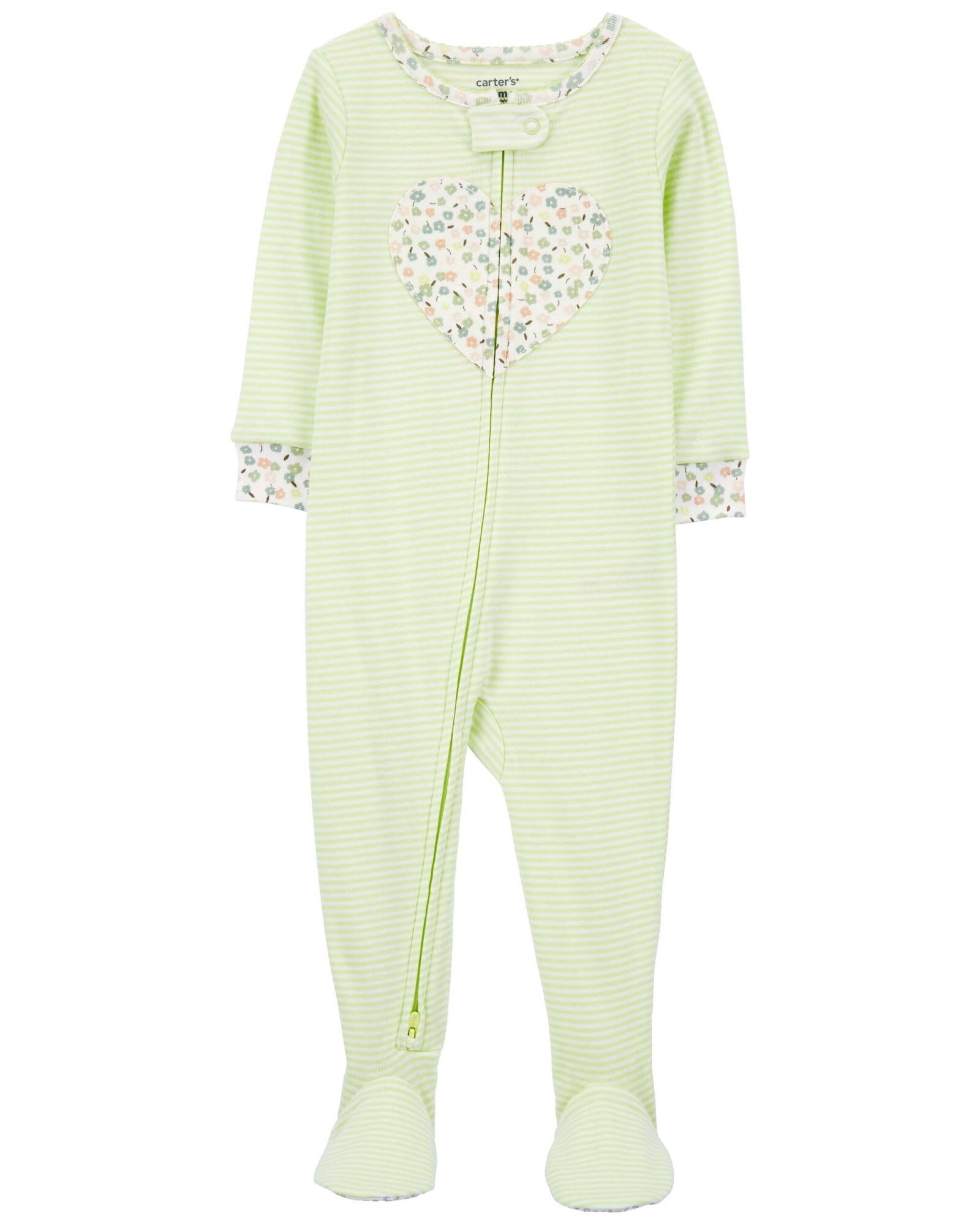 Pijama una pieza de algodón, con pie, verde, estampa corazón Sin color