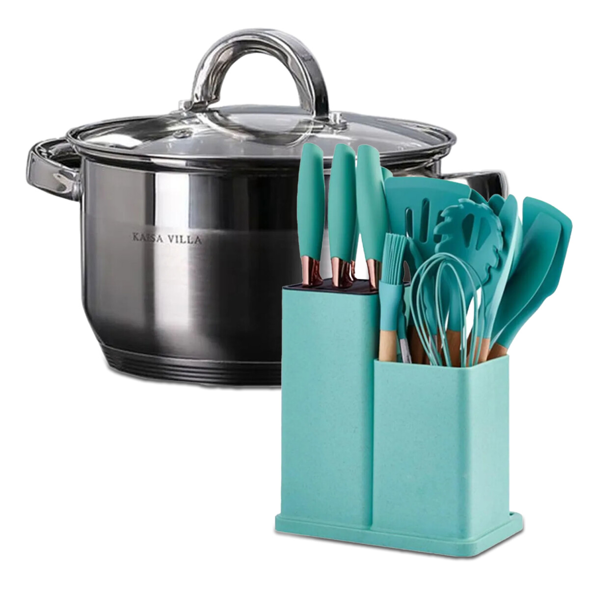 Set Cocina Utensilios Practico 19Pzs + Olla Acero Inoxi 22cm - Turquesa 