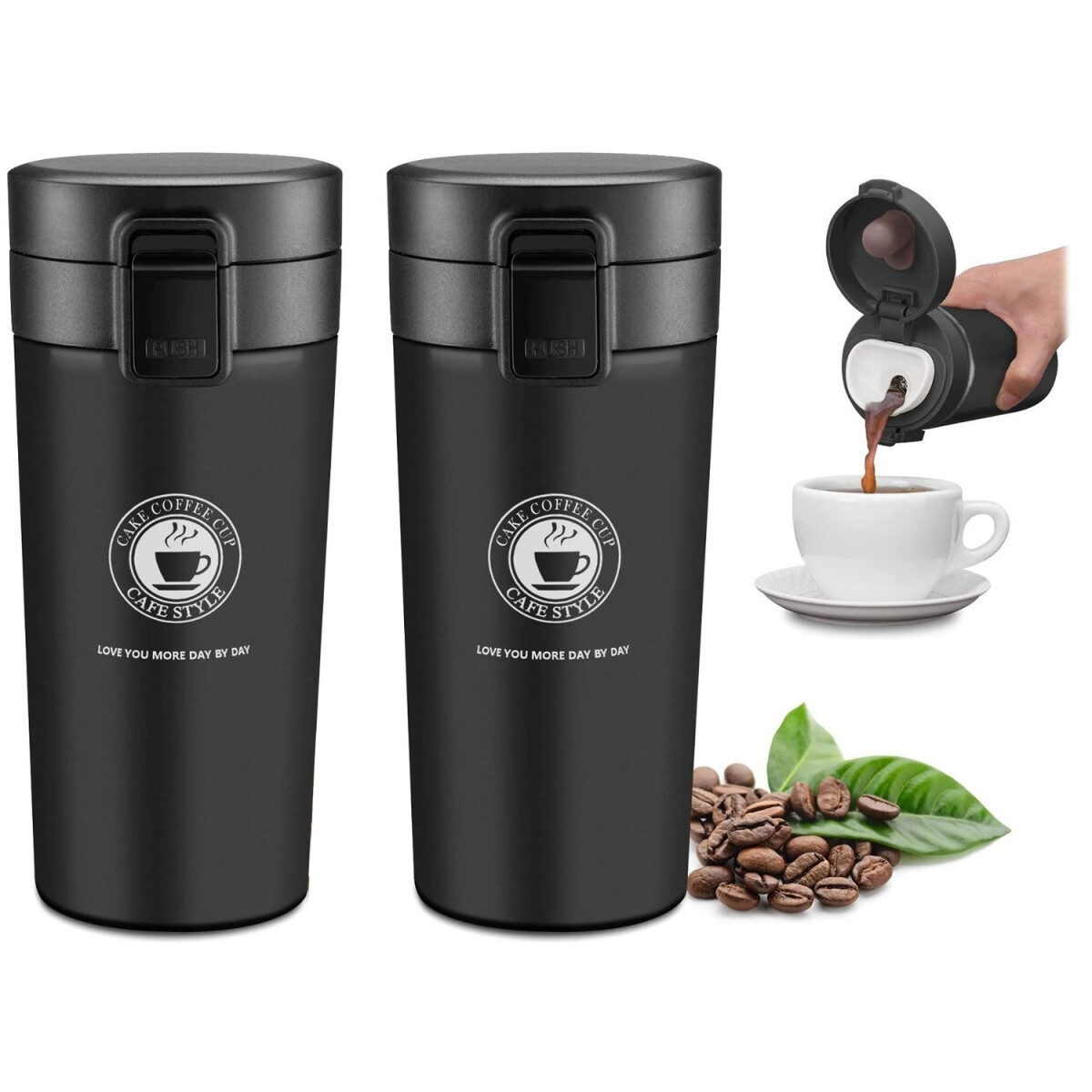 Set X2 Vaso Térmico Mug 500 Ml Con Tapa Cafe Agua Taza Jarra - Variante Color Negro 