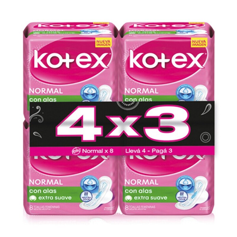 Toallas Fem.Normal C/Alas Extra Proteccion 4X3 Kotex Sin Color