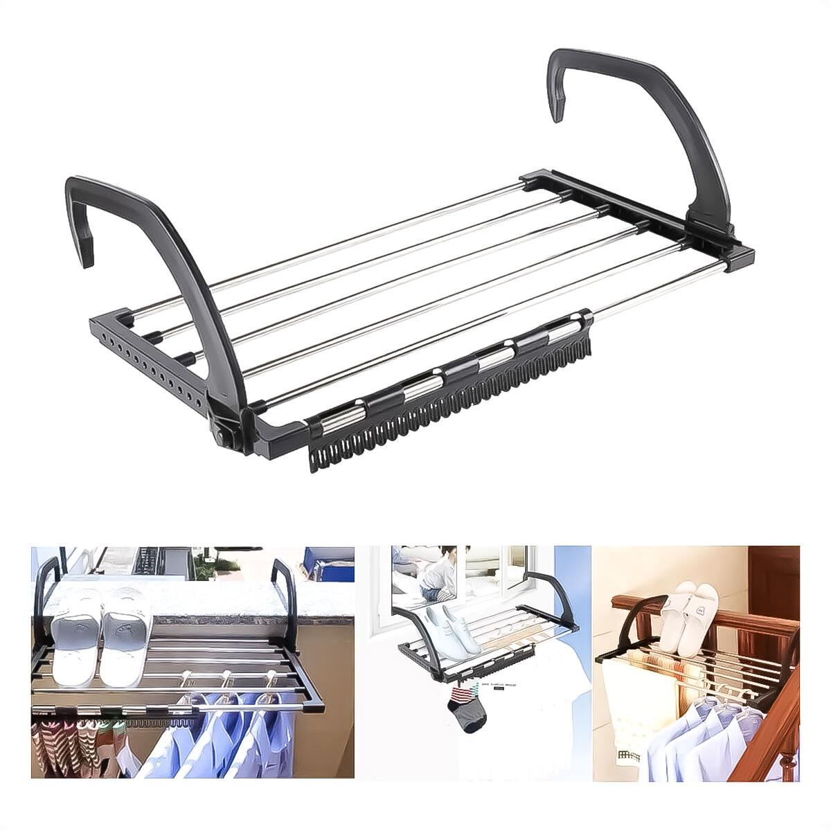 Tendedero de Ropa para Balcón y Ventana Resistente Plegable de Color Negro 
