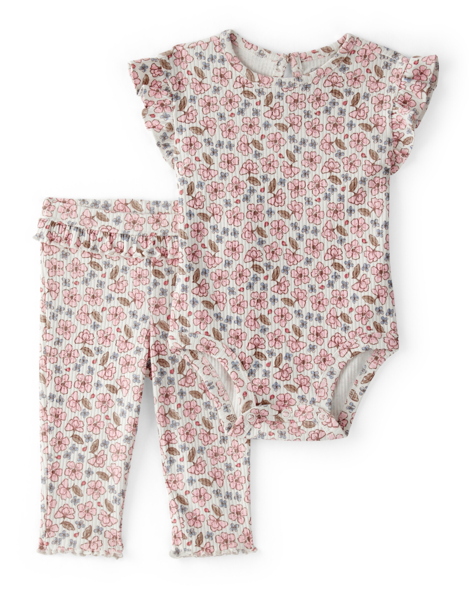 Set dos piezas de algodón acanalado, pantalón y body con volados, diseño floral Sin color