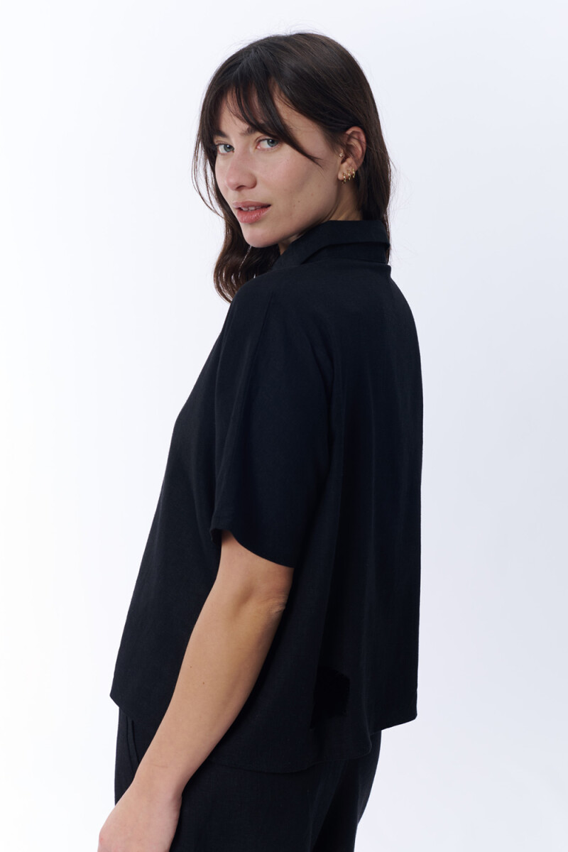 Camisa manga corta con lino Negro
