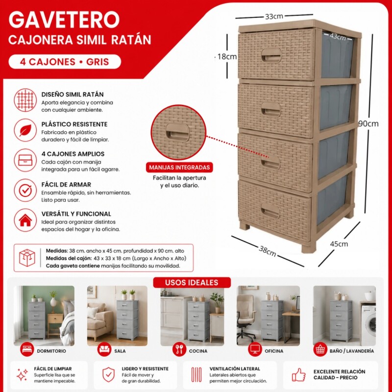 Gavetero cajonera simil ratán MARRON CLARO