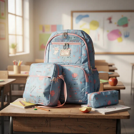 Set Mochila 3 Piezas Diseño Animalitos Escolar Resistente Celeste