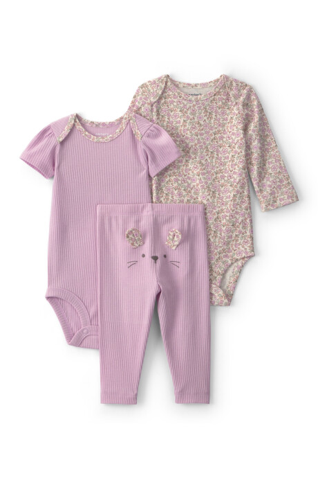 Set tres piezas de algodón, pantalón y bodies, lila, diseño floral y conejita Sin color
