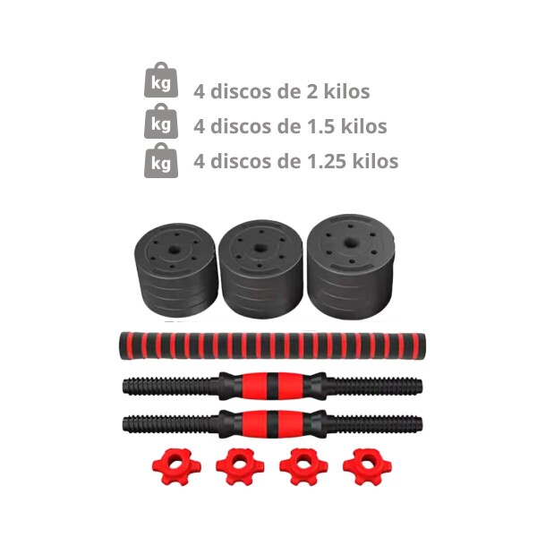 Set de mancuernas regulables ajustables plasticas 20 kilos 12 pesas + conector Set de mancuernas regulables ajustables plasticas 20 kilos 12 pesas + conector