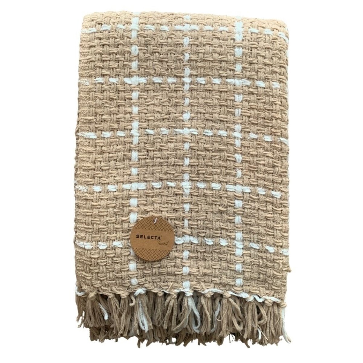 MANTA TEJIDA POLIESTER 125X150CM CUADROS BEIGE 