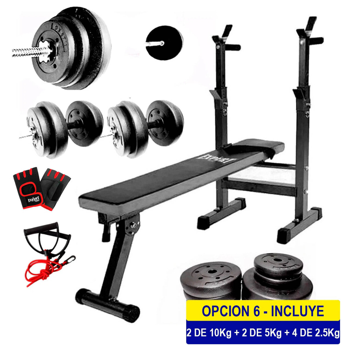 Banco De Pecho + Barra 1.50m + 2 Mancuernas + 40kg - 2x10Kg+2x5Kg+4x2.5Kg 