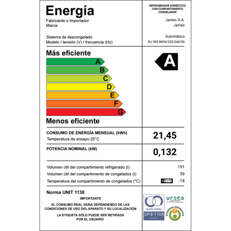 Heladera Frío seco 250 L James RJ 305 INOX Heladera Frío seco 250 L James RJ 305 INOX