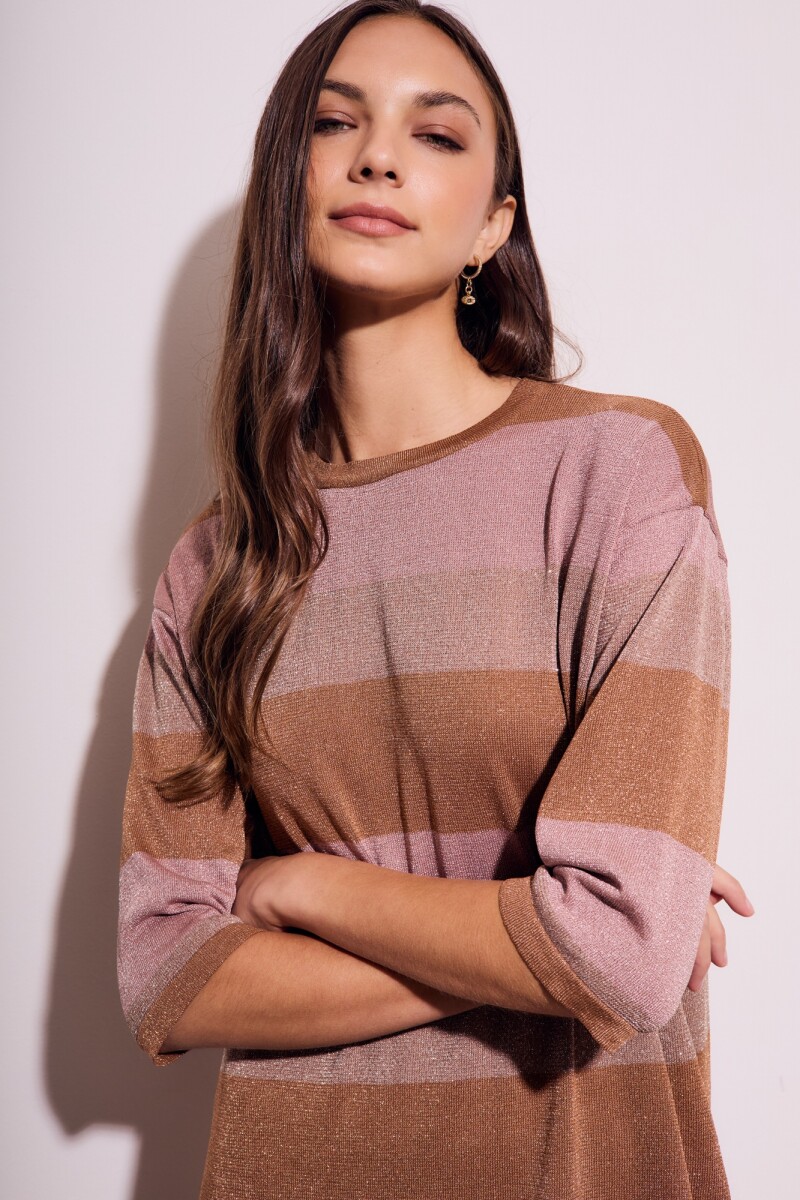 Vestido Tejido Rayado Lurex Rosa