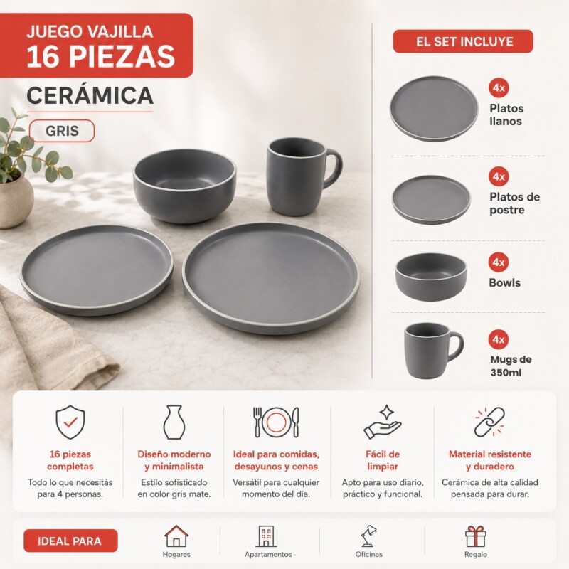 Juego vajilla 16 piezas Cerámica GRIS