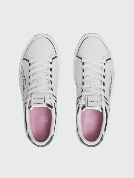 Balmain - Championes acordonados de cuero estampados, B-Court Blanco