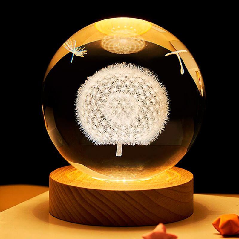 Lampara Veladora Bola de Cristal de 8 CM con Led y Base de Madera León