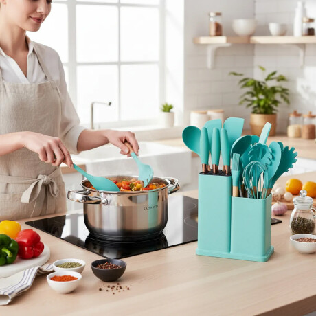 Set Cocina Utensilios 19Pzs + Olla Acero Inoxi 26cm 7,9L Turquesa