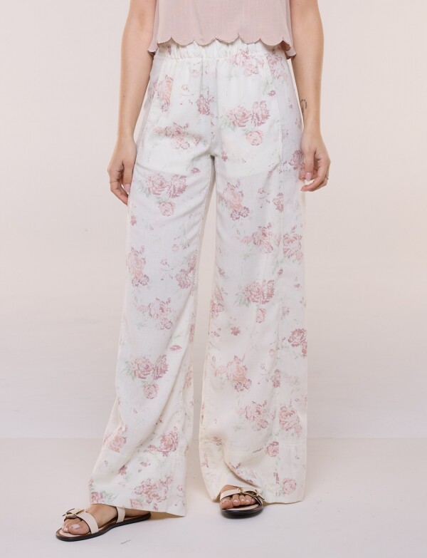 Pantalon Lino Wide Leg Con Estampa Floral CRUDO/MULTI