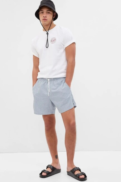Short De Baño 6Inch Hombre White Blue Seersucker