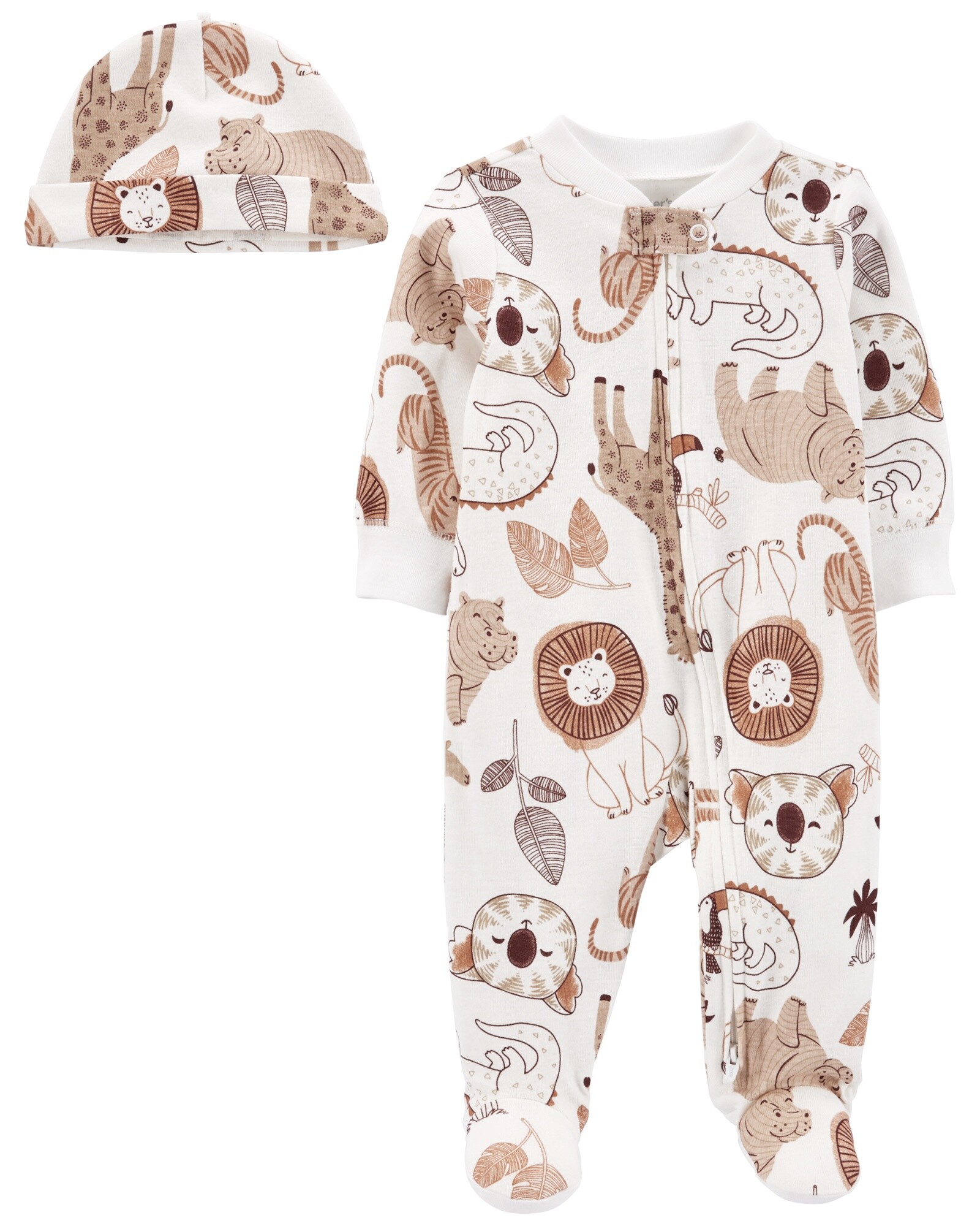 Pijama una pieza con pie y gorro de algodón diseño animales Sin color