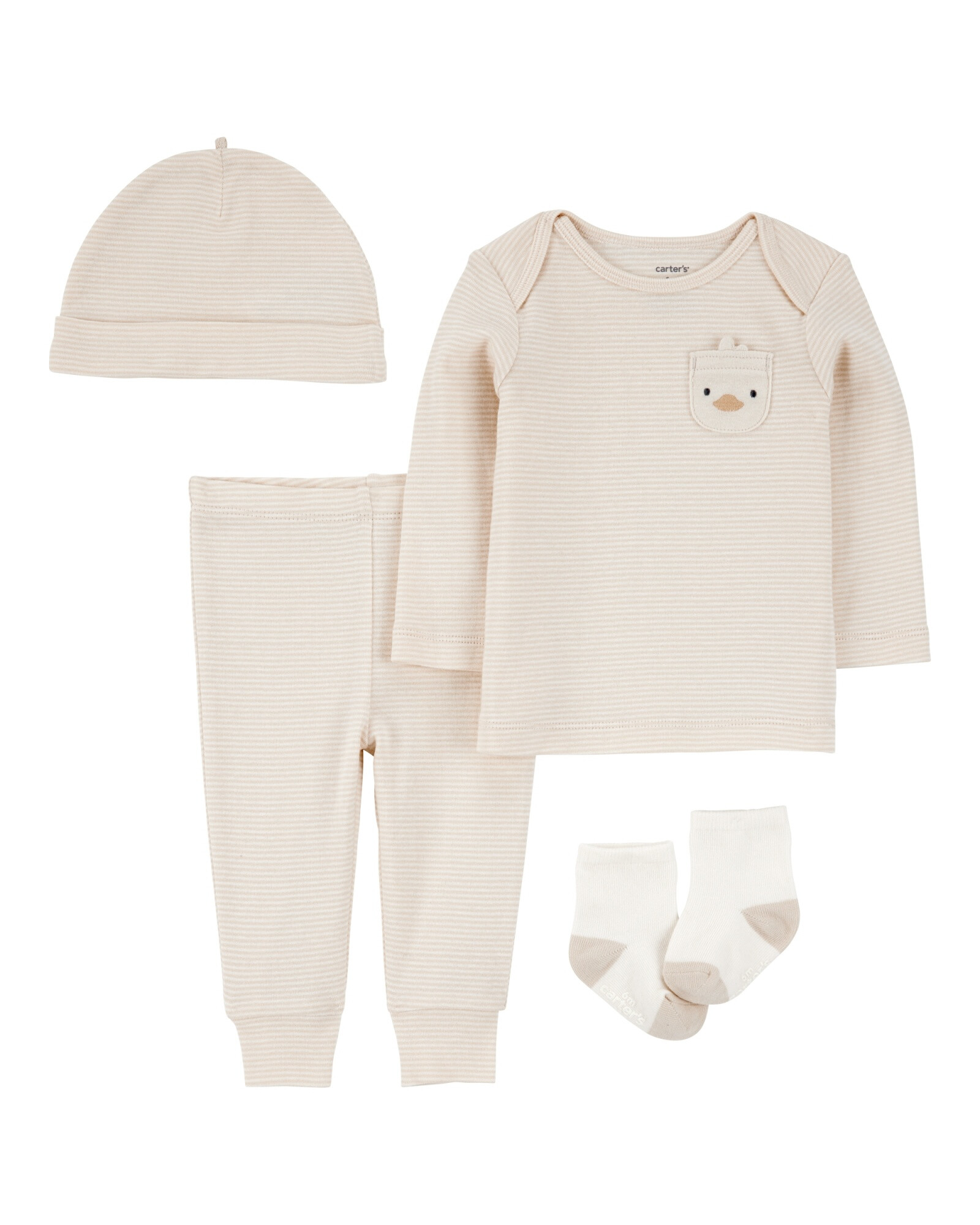 Set cuatro piezas de algodón, pantalón, remera, gorro y medias Set cuatro piezas de algodón, pantalón, remera, gorro y medias