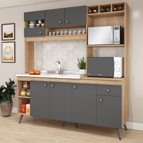 Kit de cocina compacta 7 puertas 1 cajón S/Pileta 182x29x52x197cm Carvale / Grafito