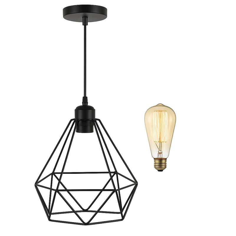 Lampara Colgante Jaula Diamante LED + Bombita Negro