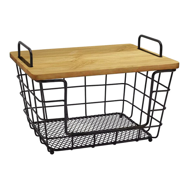 Canasto Organizador de Metal con Tapa de Bambú – Apilable Multiuso IMBACK Canasto Organizador de Metal con Tapa de Bambú – Apilable Multiuso IMBACK