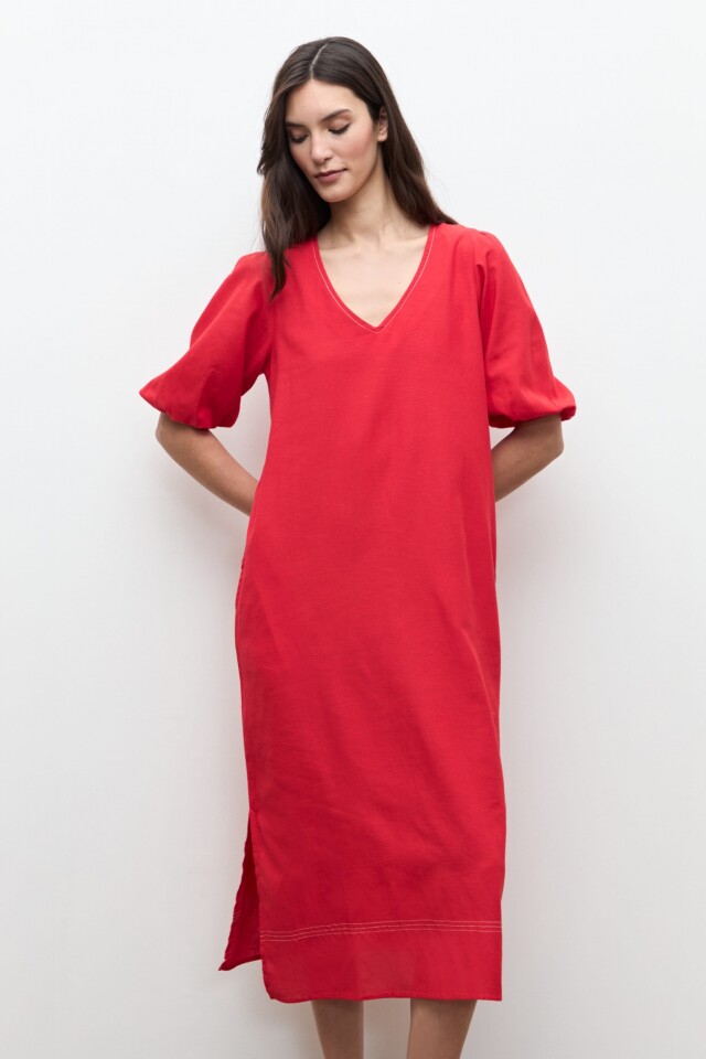 Maxi vestido mangas abullonadas rojo
