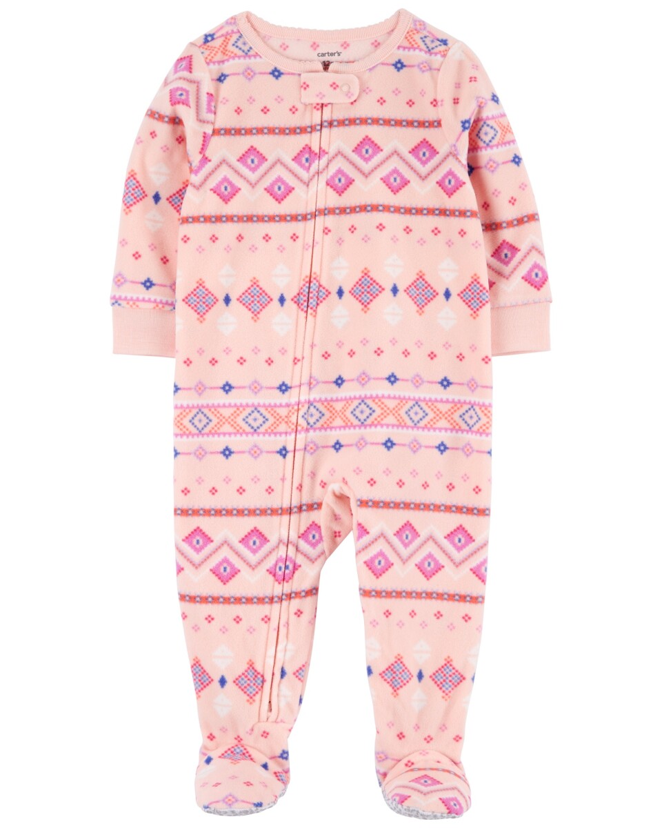 Pijama una pieza de micropolar, con pie, rosado, diseño fair isle. Talles 12-24M 