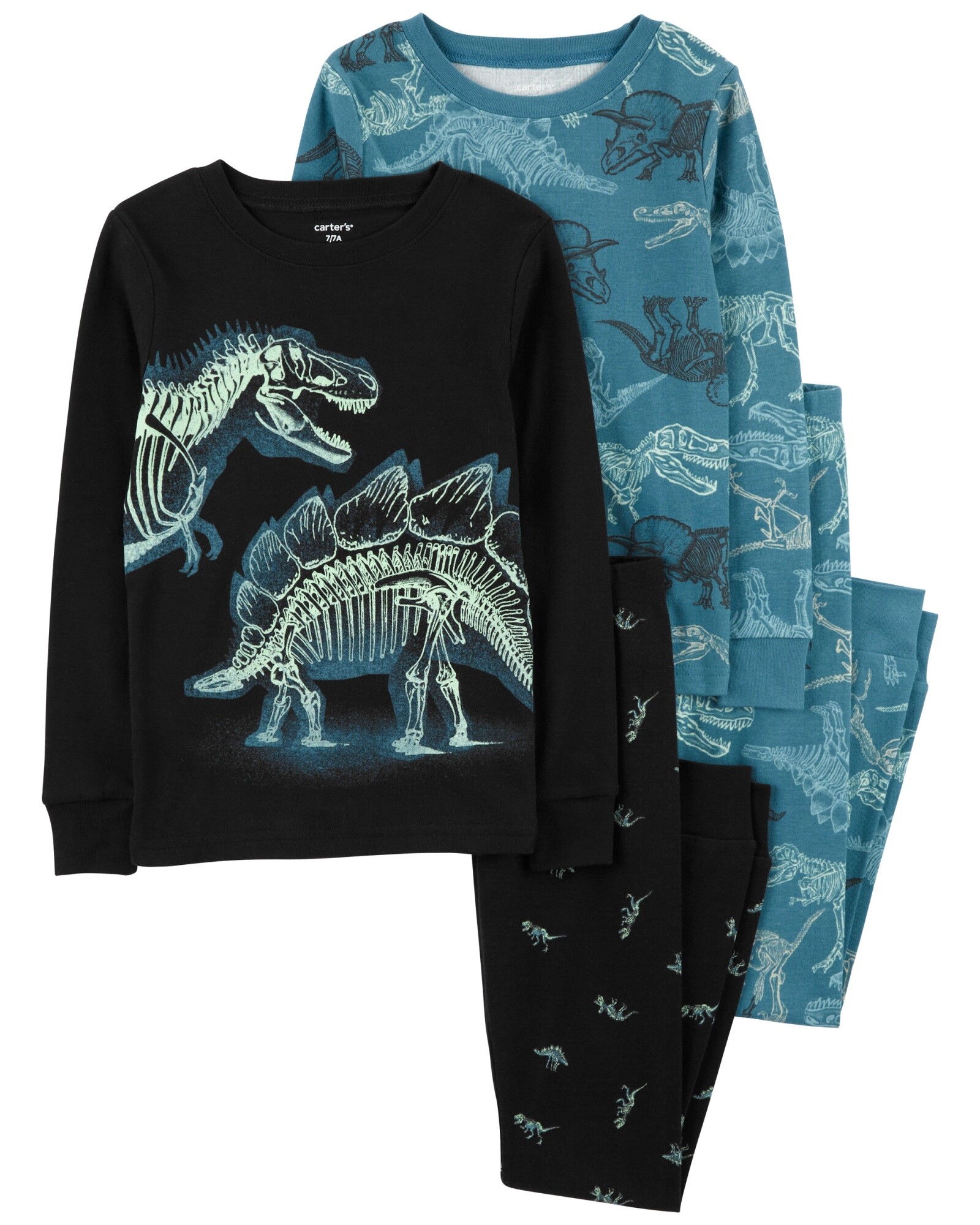 Pijama cuatro piezas de algodón, dos pantalones y dos remeras, diseño esqueletos de dinosaurios resplandecientes Sin color